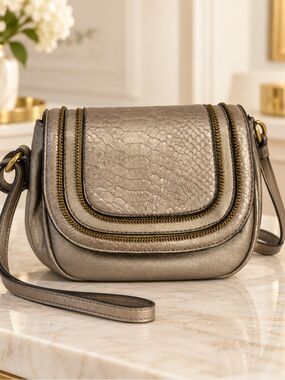 Jessica Simpson Metallic Taupe Crossbody with Gold Hardware and Textured Flap